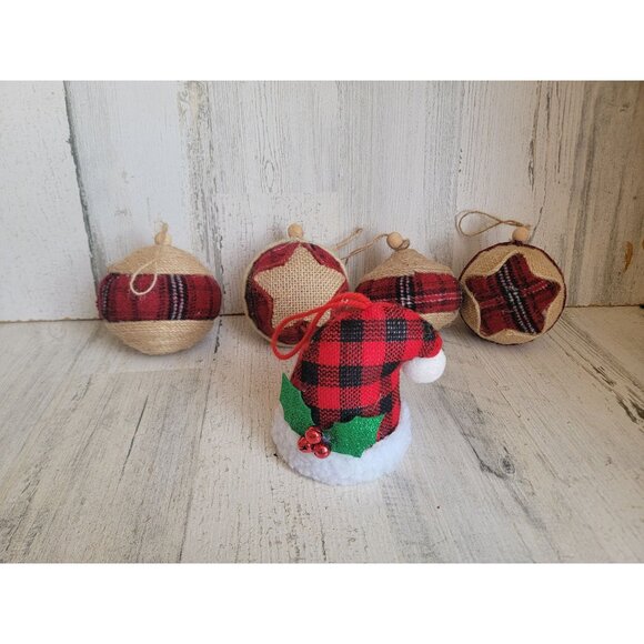 Rustic woven ball Plaid star santa hat ornament Xmas set - Picture 1 of 6
